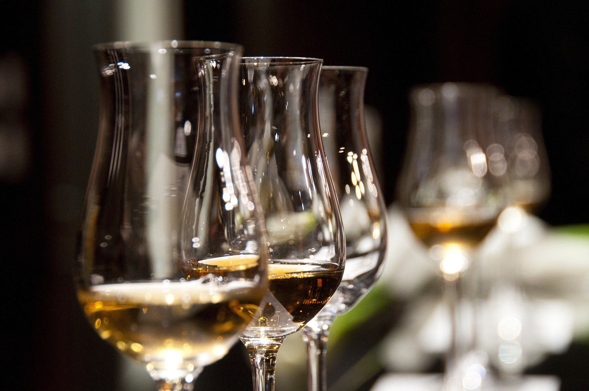 wine glasses in a row with some wine in