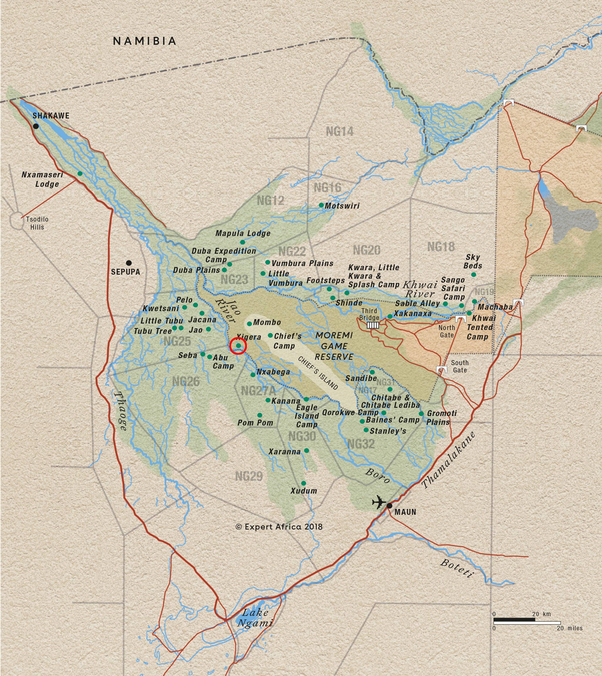 map of the Okavango delta showing location of Xigera Lodge Botswana