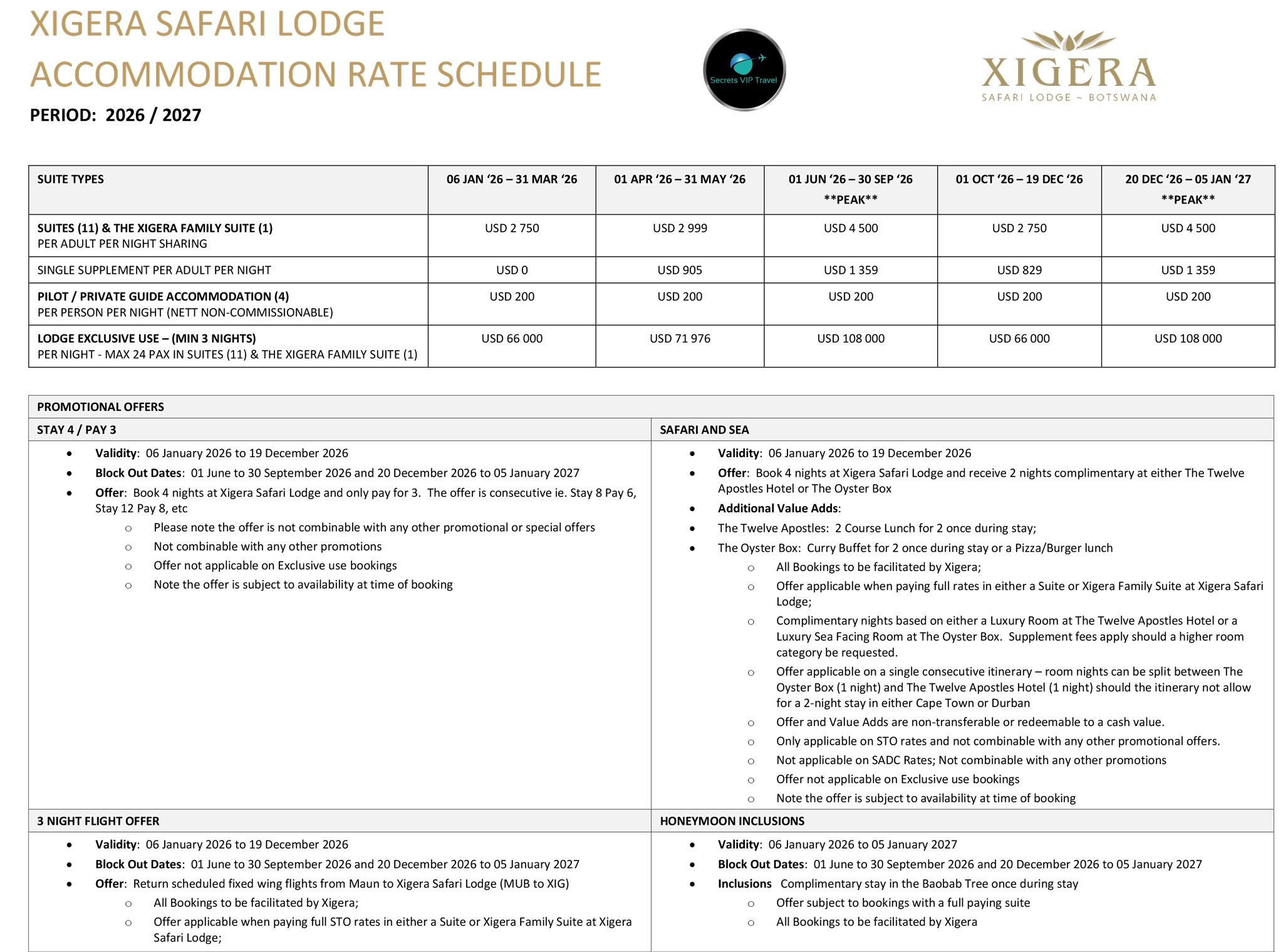 Screenshot of the 2026 accommodation rates for xigera lodge okavango delta